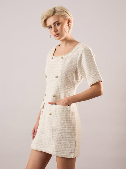 Women White Tweed Round Neck Short Dress