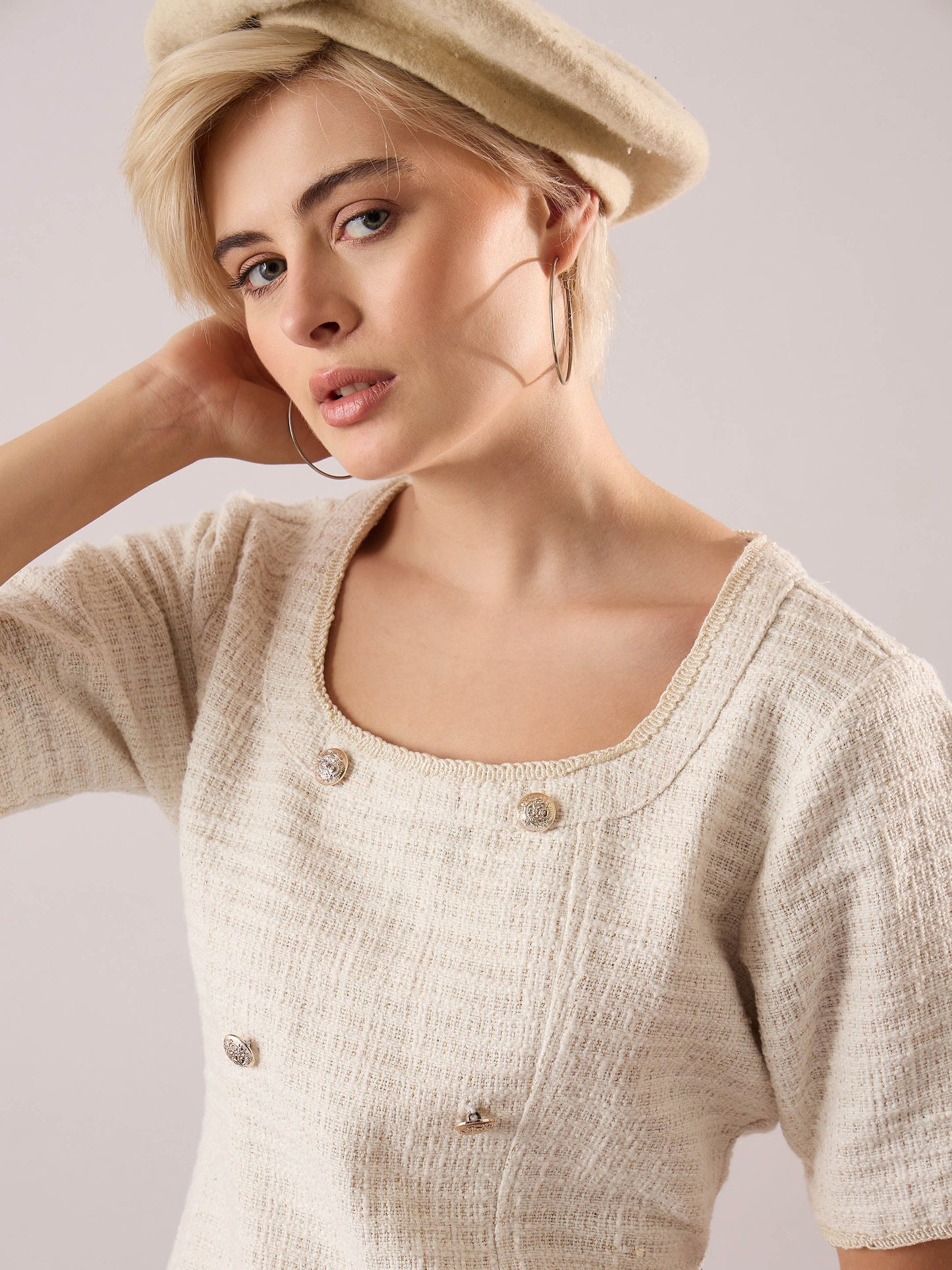 Women White Tweed Round Neck Short Dress