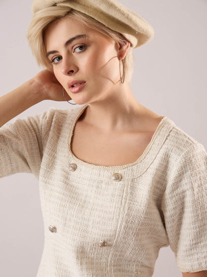 Women White Tweed Round Neck Short Dress