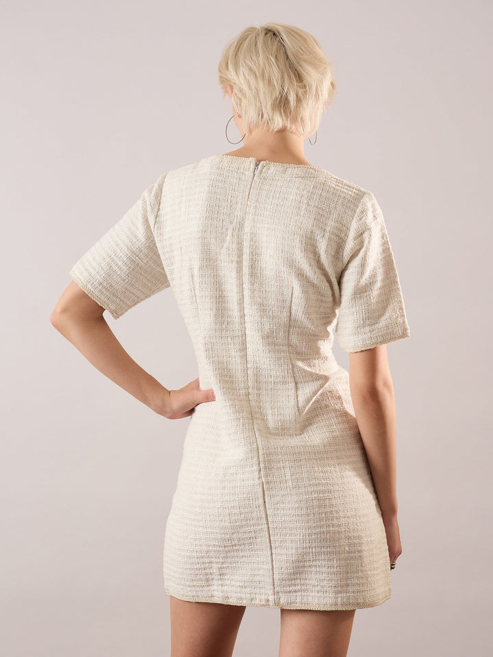Women White Tweed Round Neck Short Dress