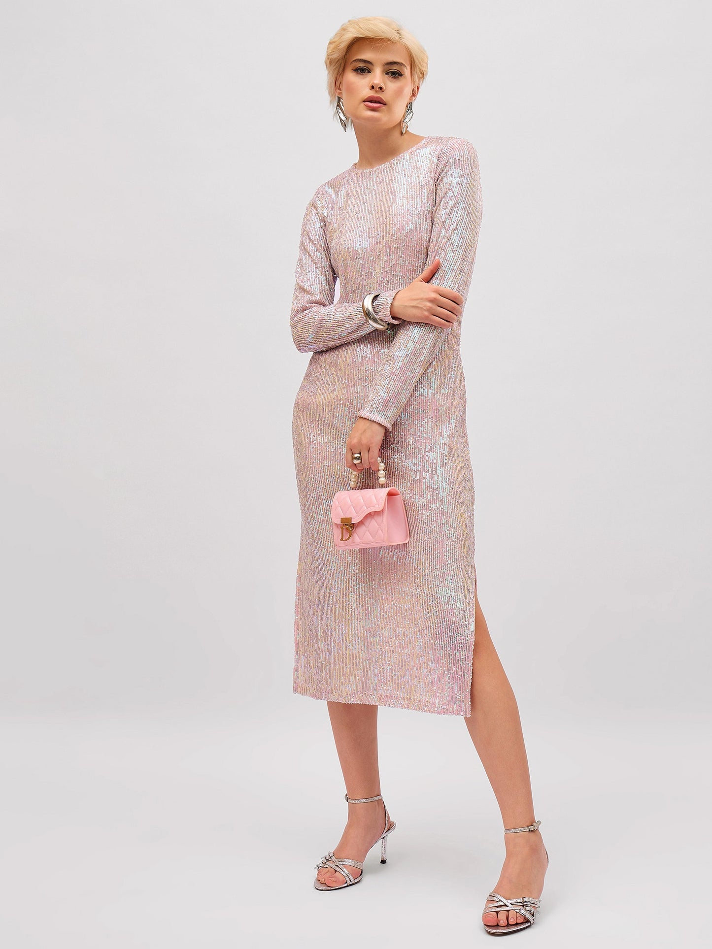 Women Pink Rainbow Sequin Round Neck Side Slit Midi Dress