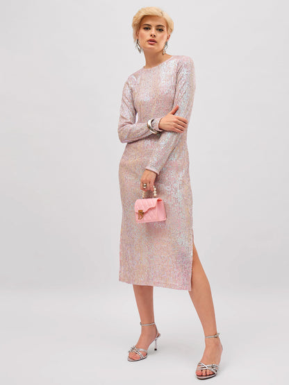 Women Pink Rainbow Sequin Round Neck Side Slit Midi Dress