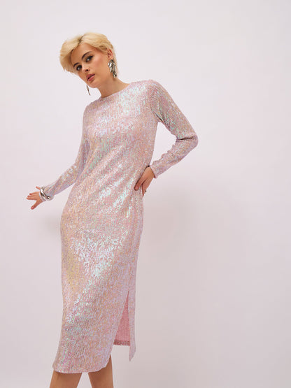 Women Pink Rainbow Sequin Round Neck Side Slit Midi Dress