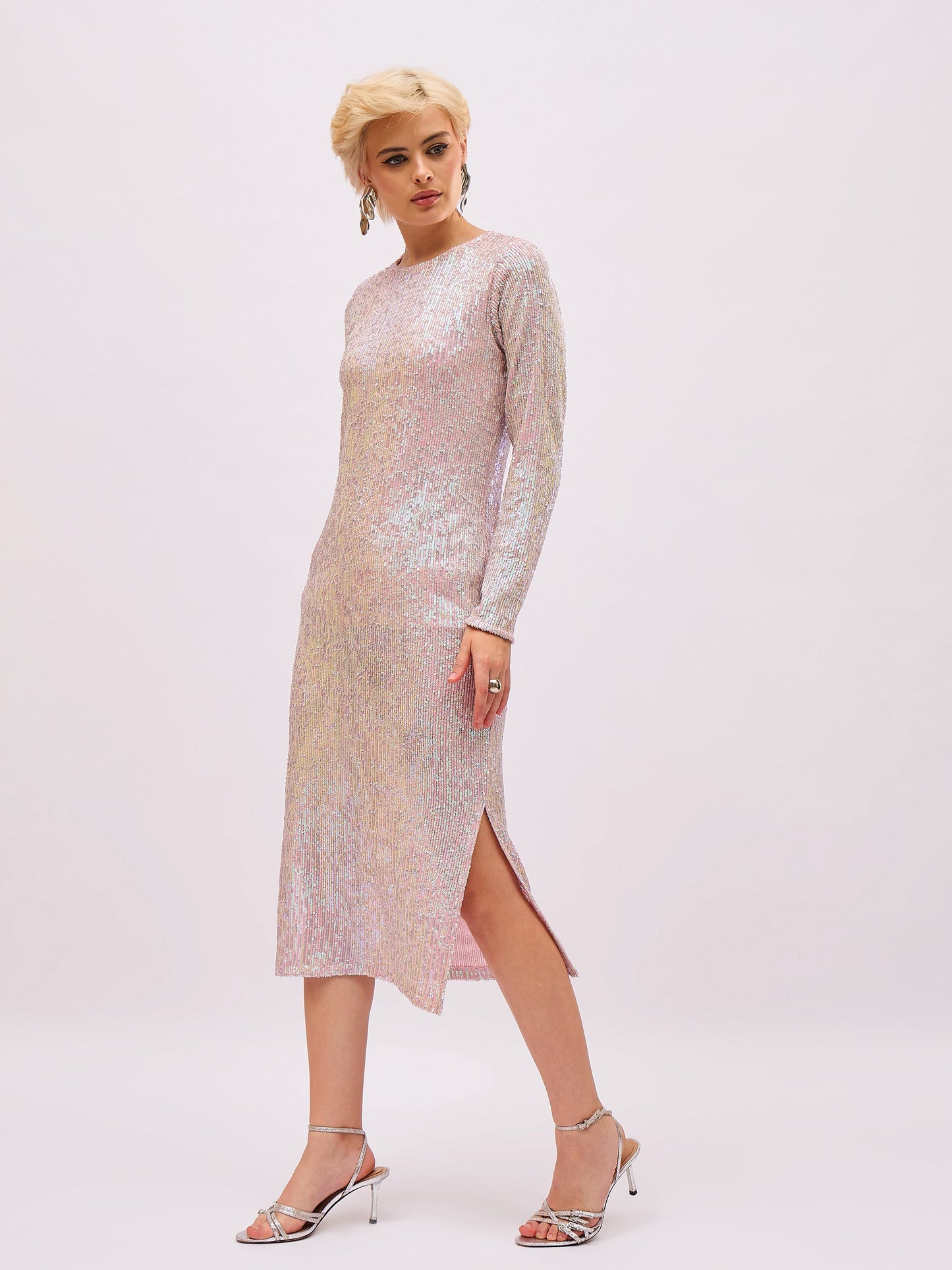 Women Pink Rainbow Sequin Round Neck Side Slit Midi Dress