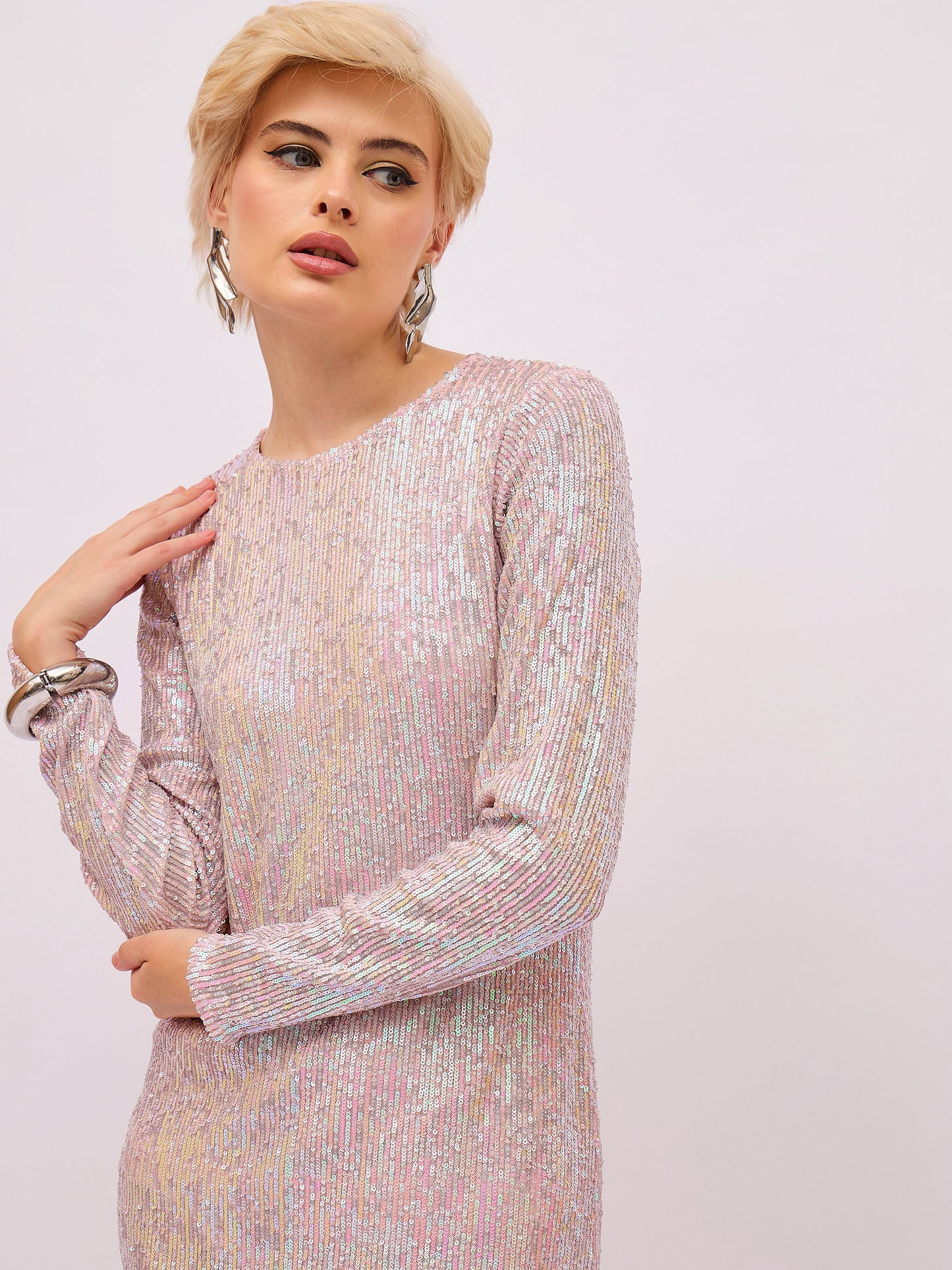 Women Pink Rainbow Sequin Round Neck Side Slit Midi Dress