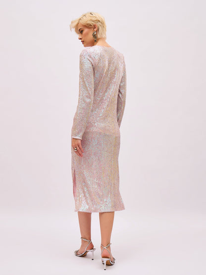 Women Pink Rainbow Sequin Round Neck Side Slit Midi Dress