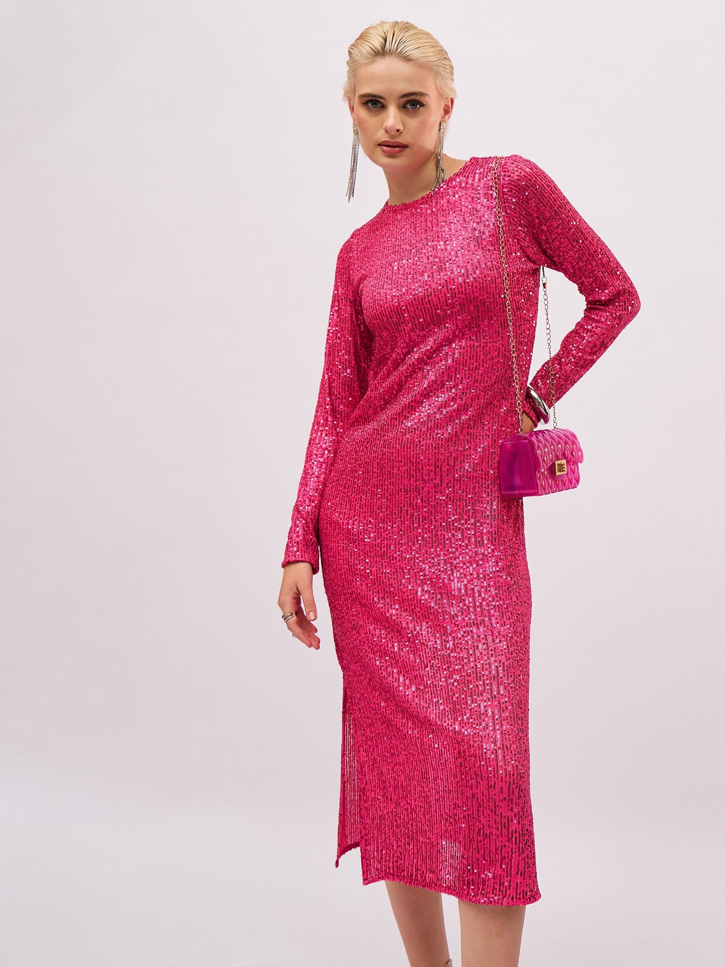 Women Fuchsia Sequin Round Neck Side Slit Midi Dress