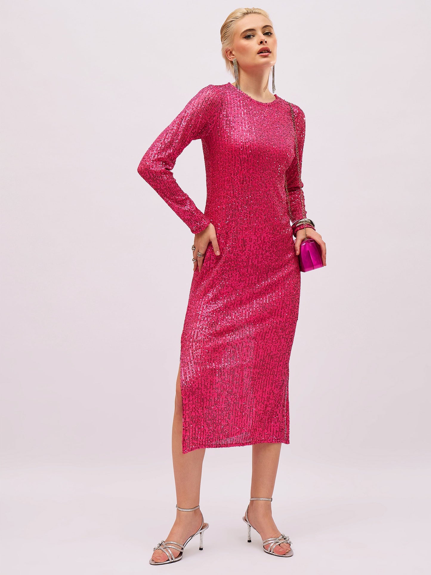 Women Fuchsia Sequin Round Neck Side Slit Midi Dress