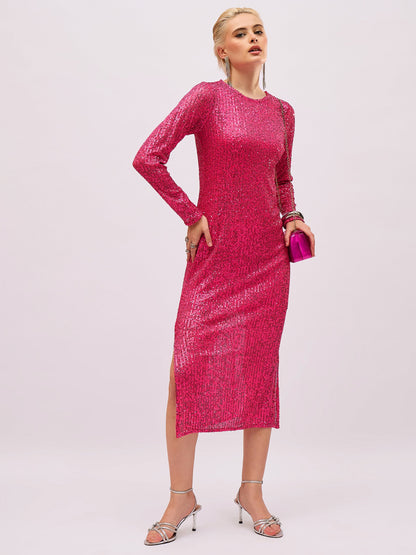 Women Fuchsia Sequin Round Neck Side Slit Midi Dress