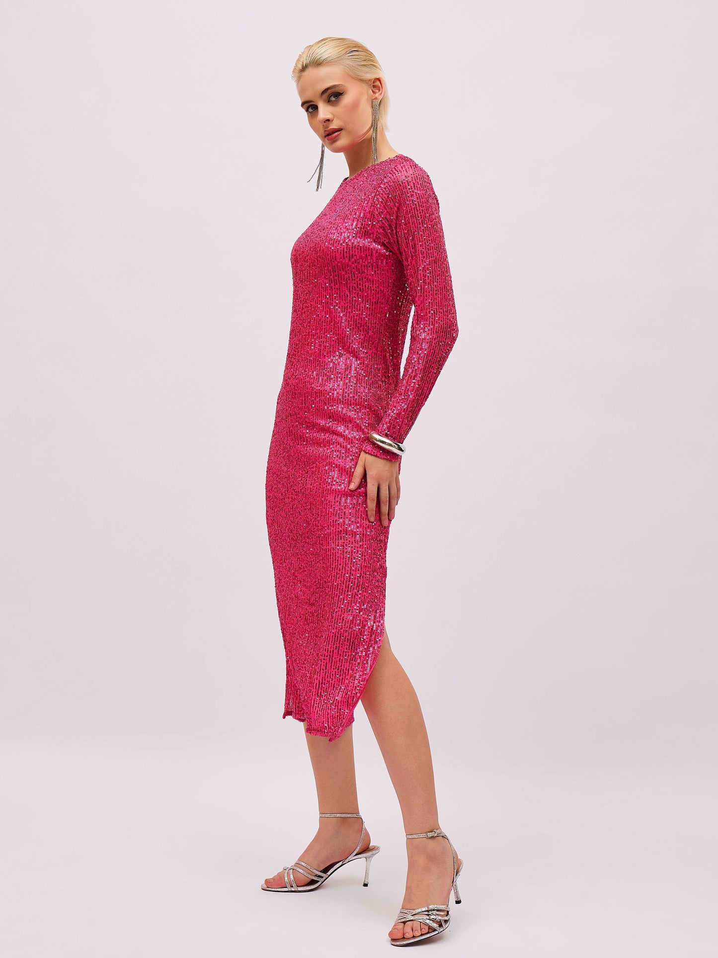 Women Fuchsia Sequin Round Neck Side Slit Midi Dress
