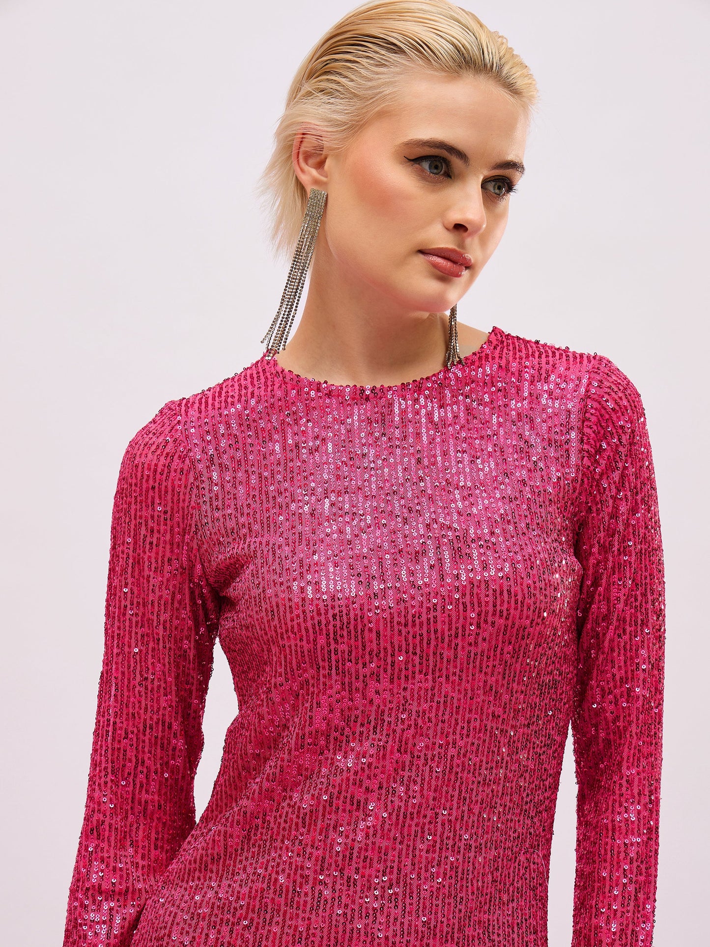 Women Fuchsia Sequin Round Neck Side Slit Midi Dress