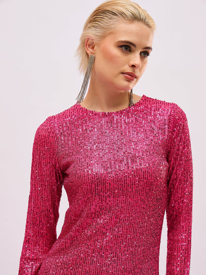 Women Fuchsia Sequin Round Neck Side Slit Midi Dress