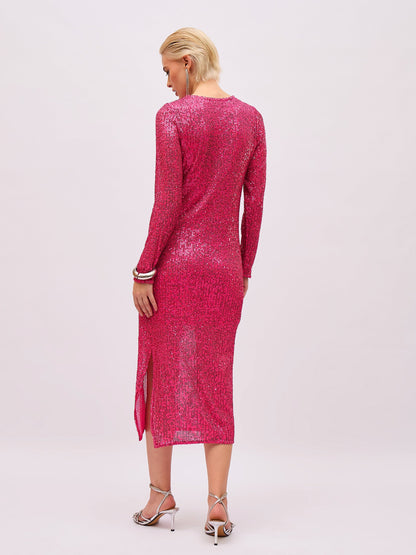 Women Fuchsia Sequin Round Neck Side Slit Midi Dress