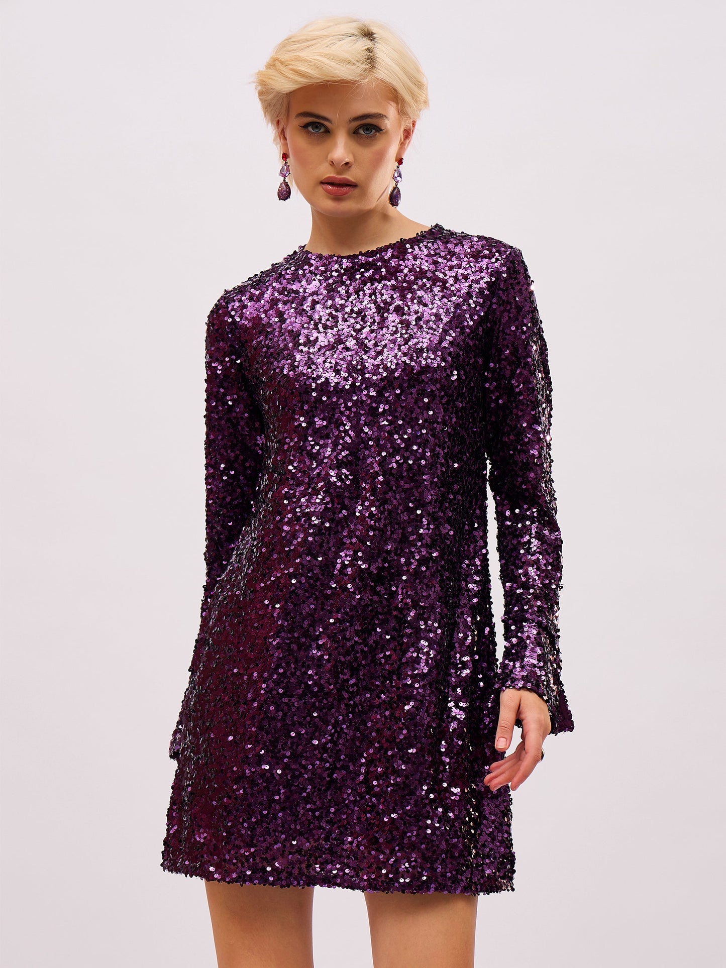 Women Purple Sequin Back Cut-Out Short Dress