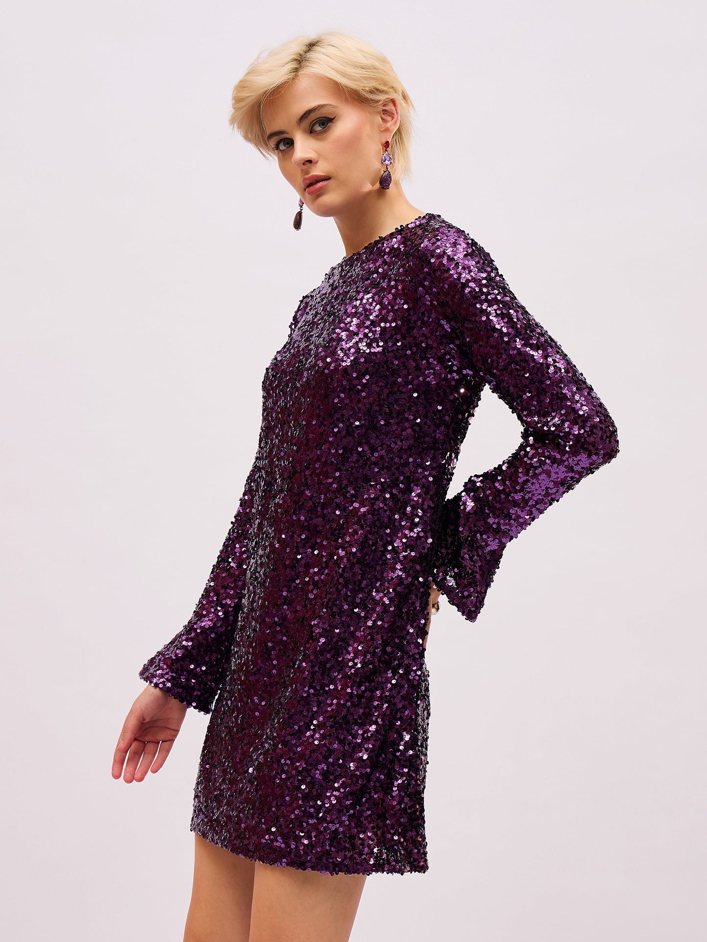 Women Purple Sequin Back Cut-Out Short Dress