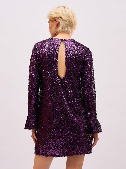 Women Purple Sequin Back Cut-Out Short Dress