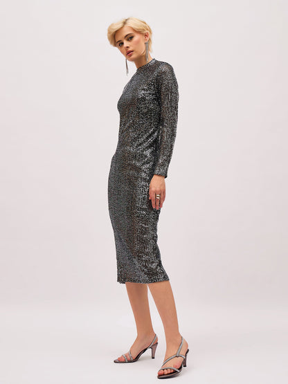 Women Black Sequin High Neck Back Slit Midi Dress