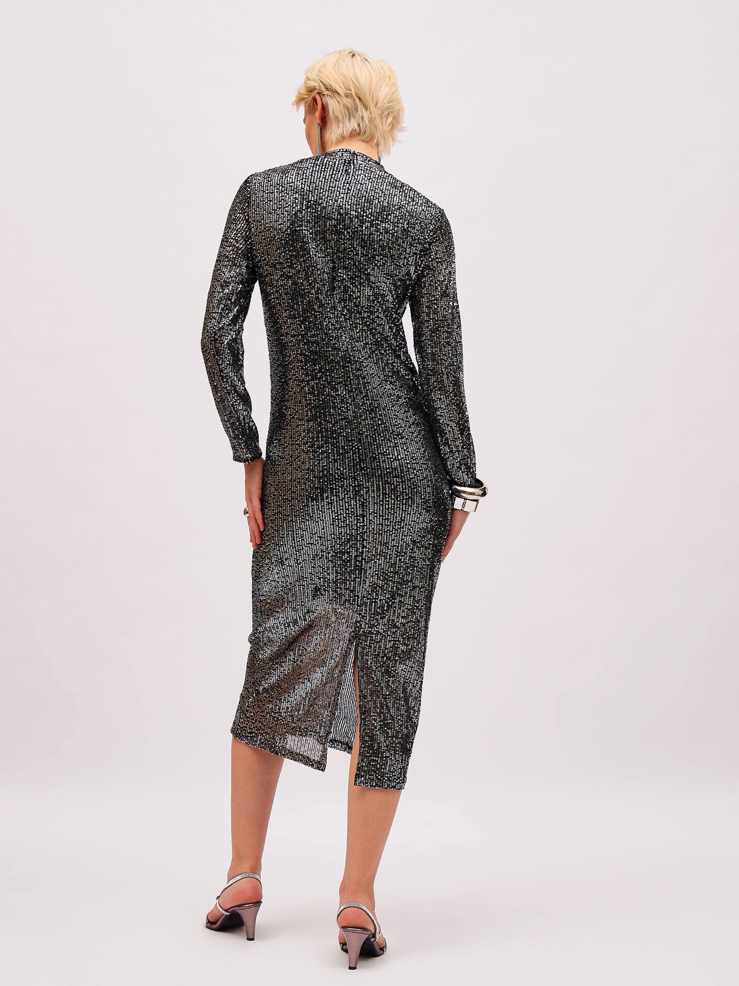 Women Black Sequin High Neck Back Slit Midi Dress