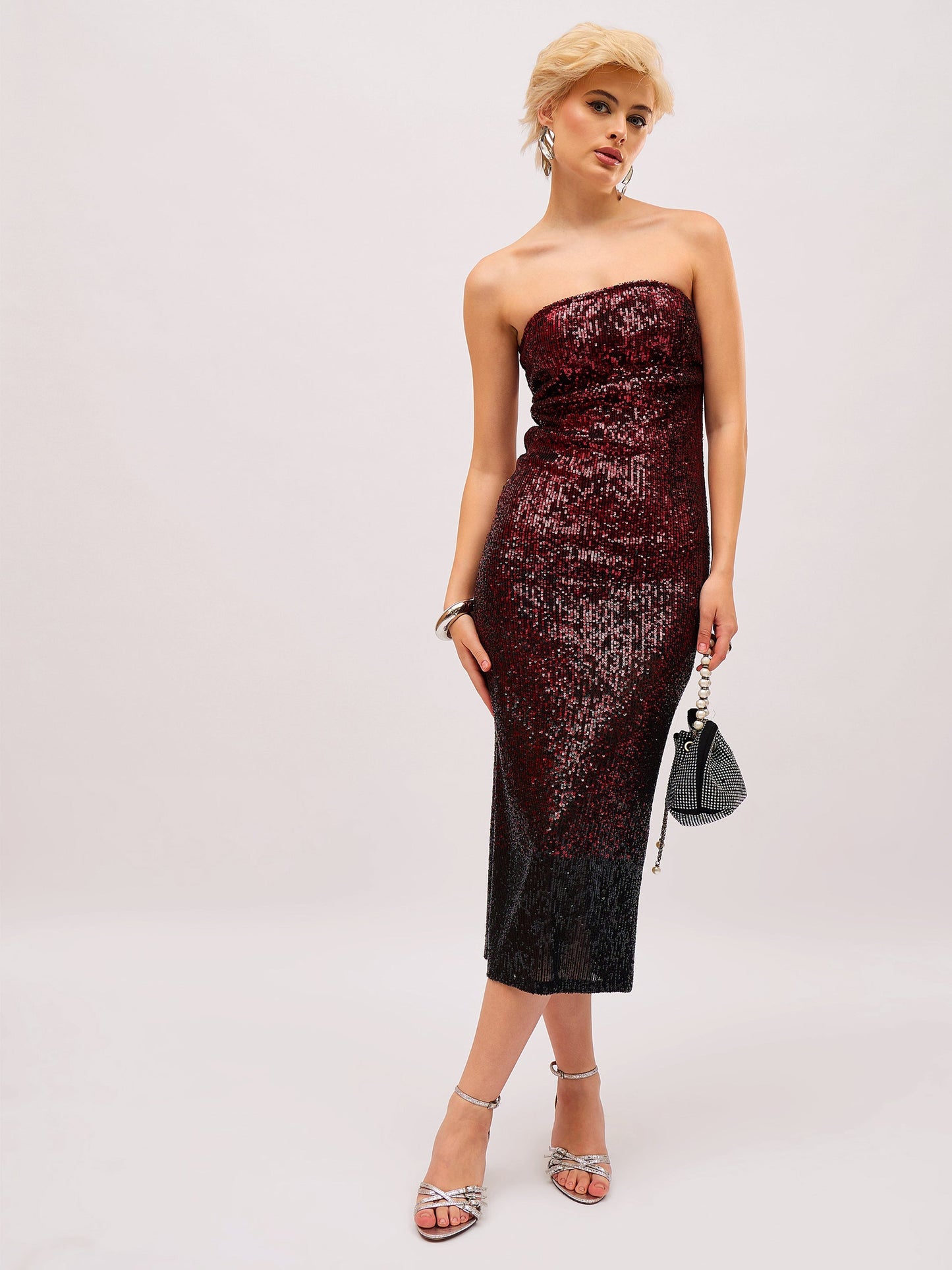 Maroon Ombre Sequin Corset Midi Dress
