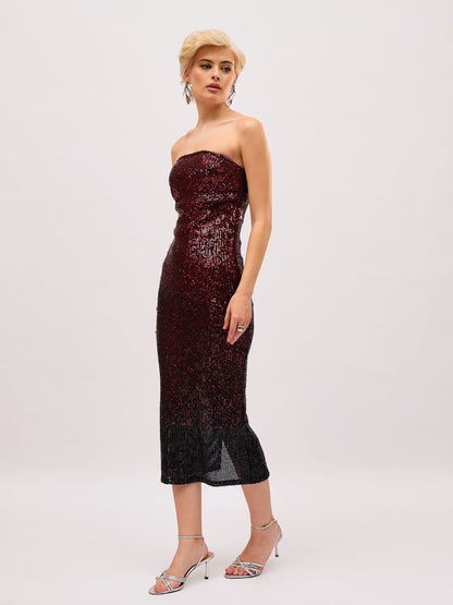 Maroon Ombre Sequin Corset Midi Dress