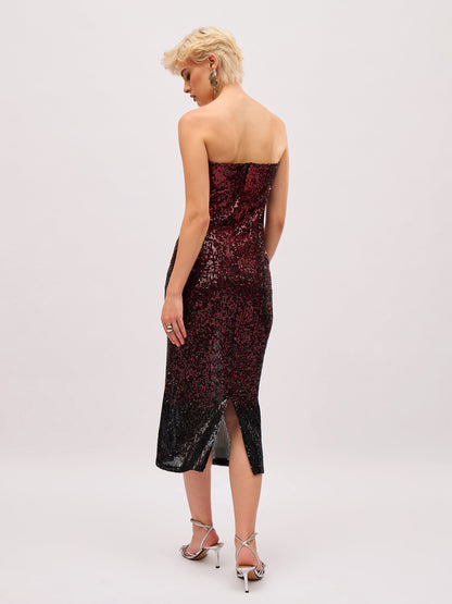 Maroon Ombre Sequin Corset Midi Dress