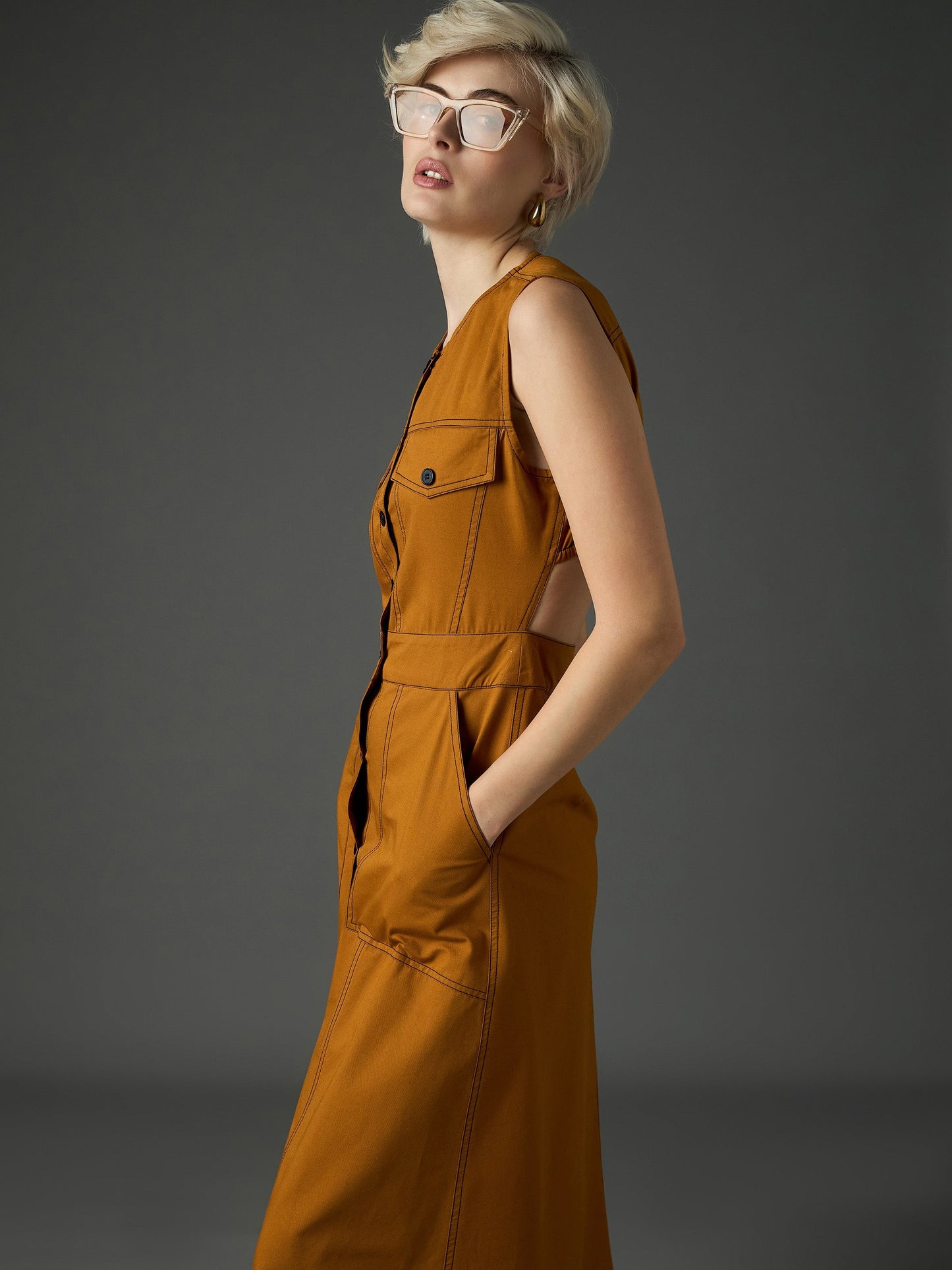 Women Tan Twill Waist Cut-Out Midi Dress