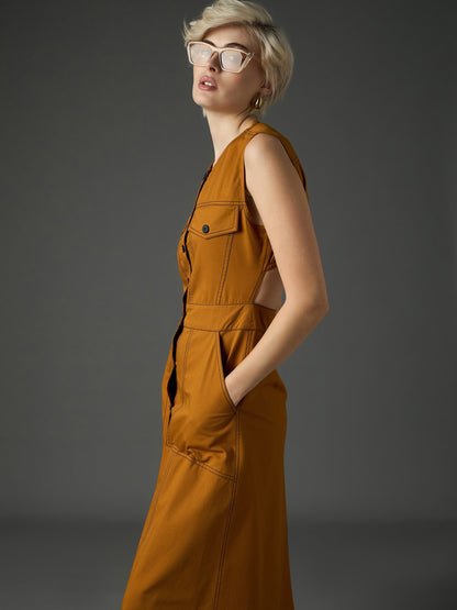 Women Tan Twill Waist Cut-Out Midi Dress