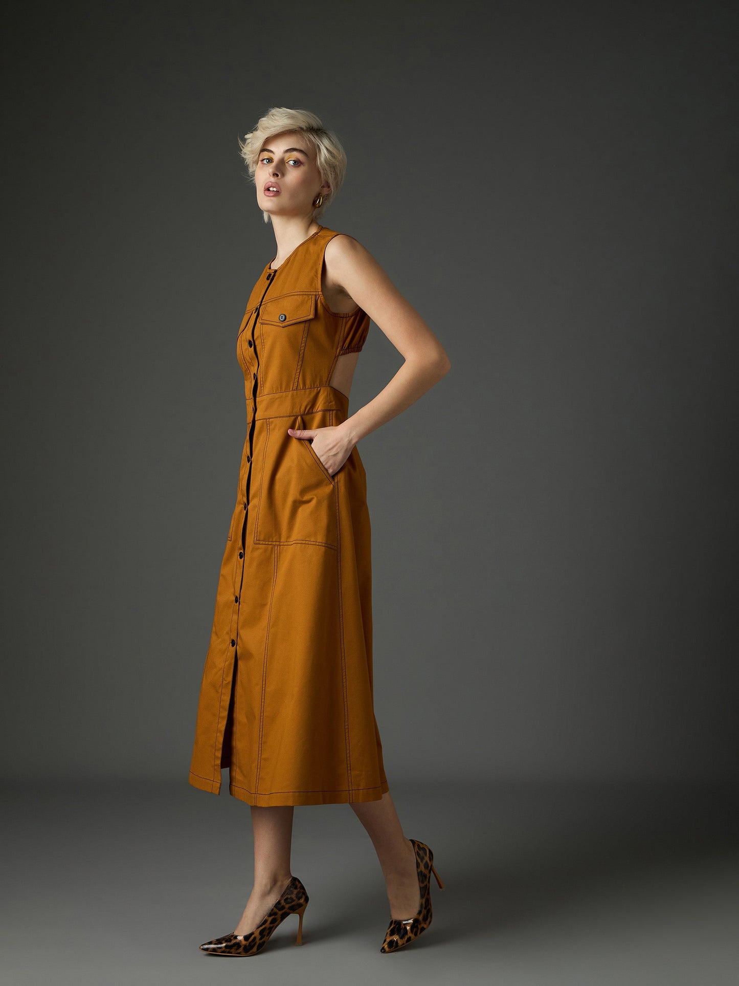 Women Tan Twill Waist Cut-Out Midi Dress