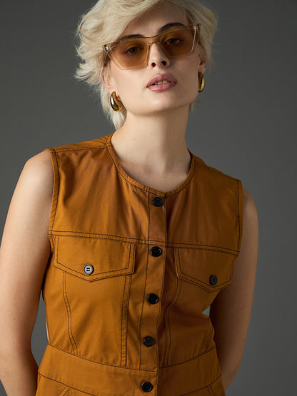 Women Tan Twill Waist Cut-Out Midi Dress