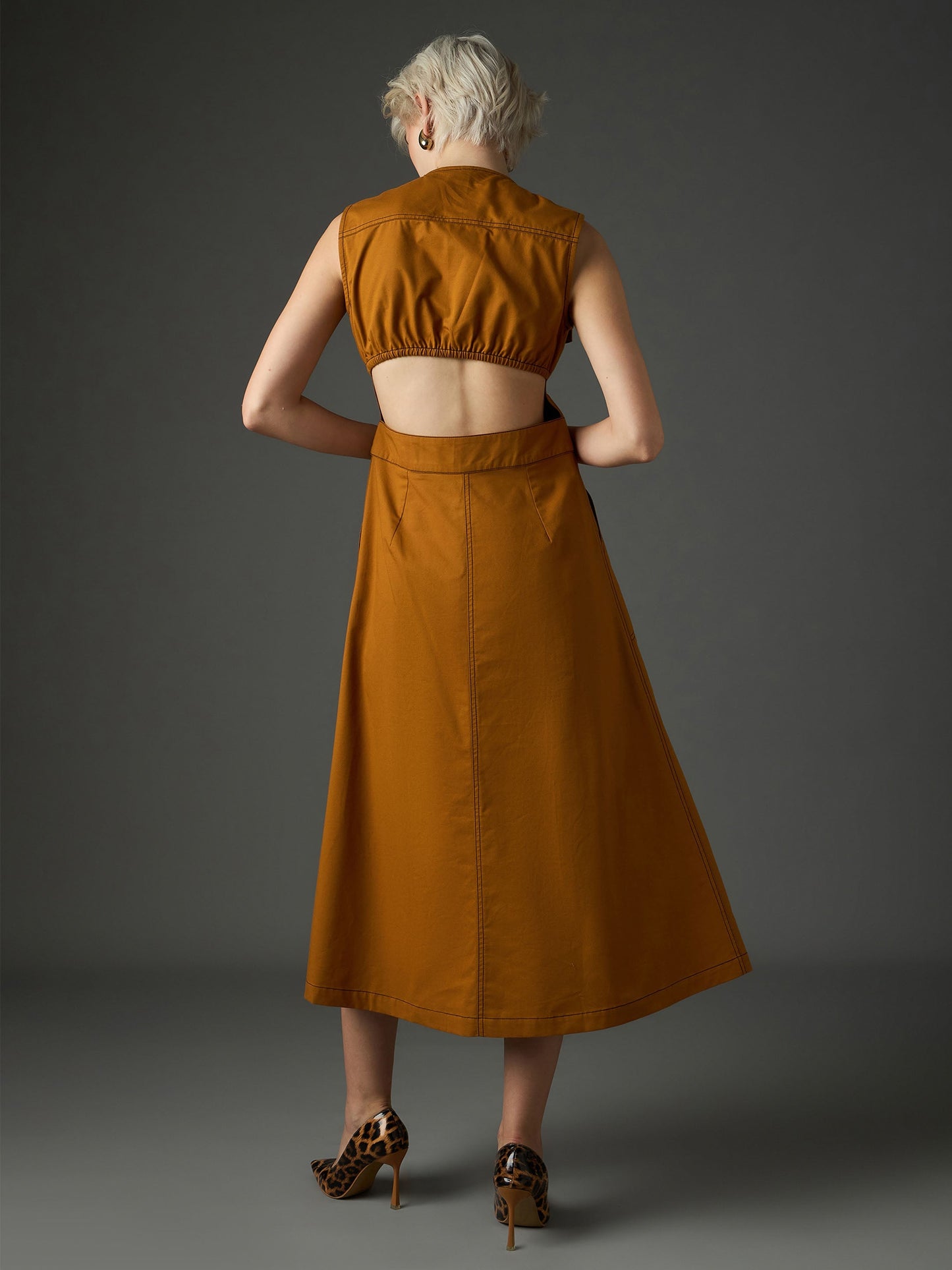 Women Tan Twill Waist Cut-Out Midi Dress