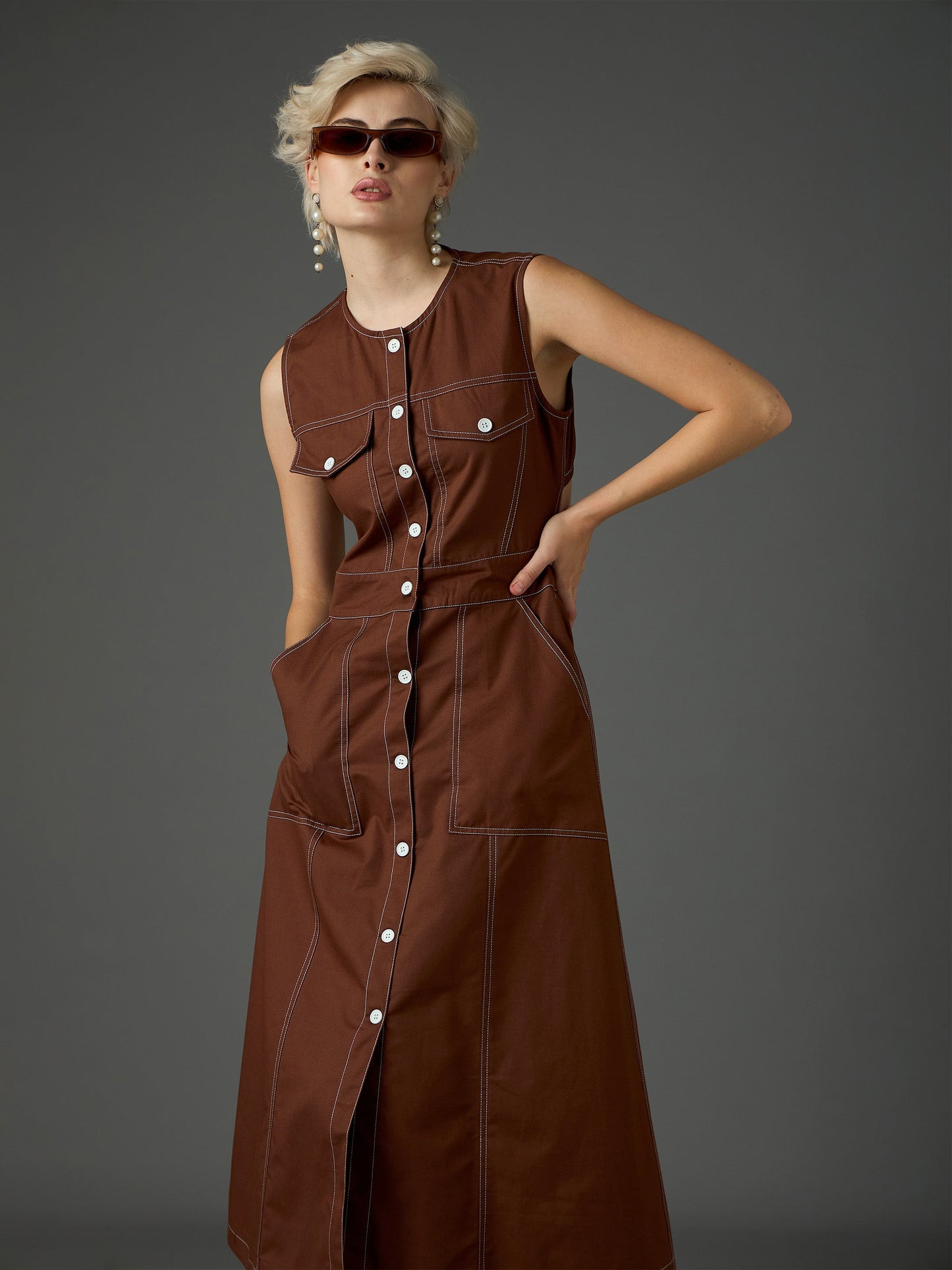 Women Brown Twill Waist Cut-Out Midi Dress