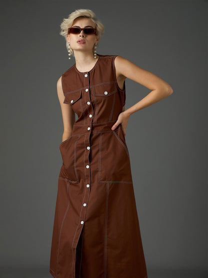 Women Brown Twill Waist Cut-Out Midi Dress