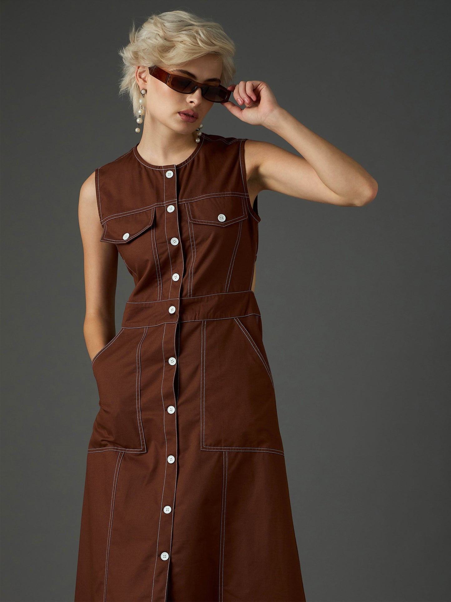 Women Brown Twill Waist Cut-Out Midi Dress