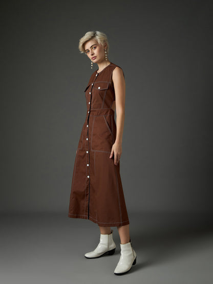 Women Brown Twill Waist Cut-Out Midi Dress