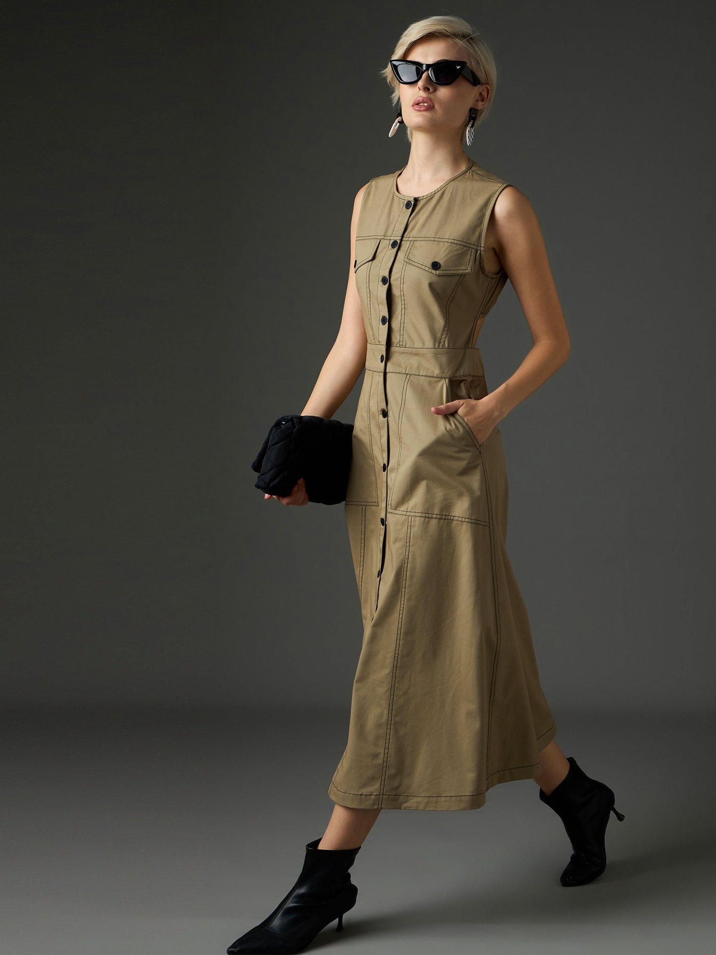 Women Pastel Olive Twill Waist Cut-Out Midi Dress