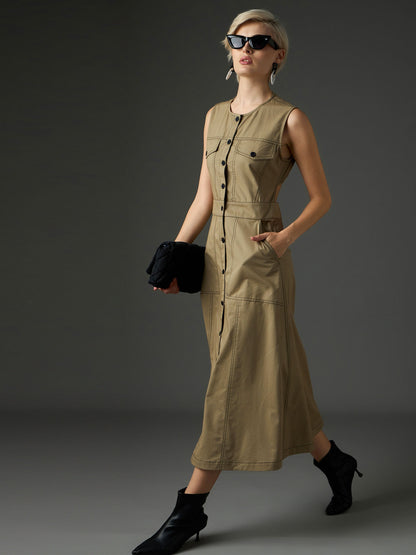 Women Pastel Olive Twill Waist Cut-Out Midi Dress