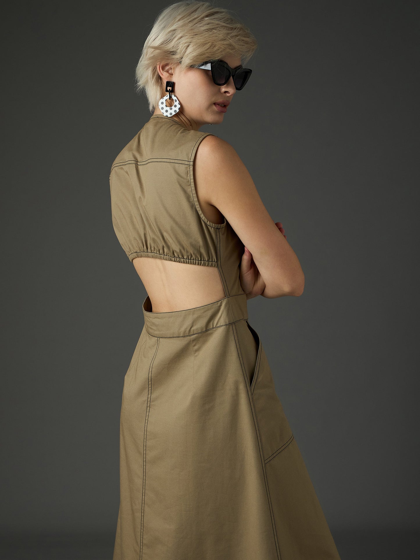 Women Pastel Olive Twill Waist Cut-Out Midi Dress