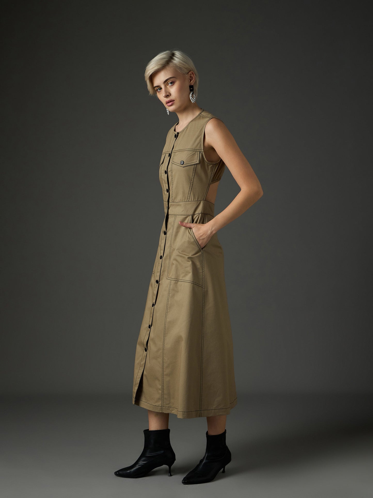 Women Pastel Olive Twill Waist Cut-Out Midi Dress