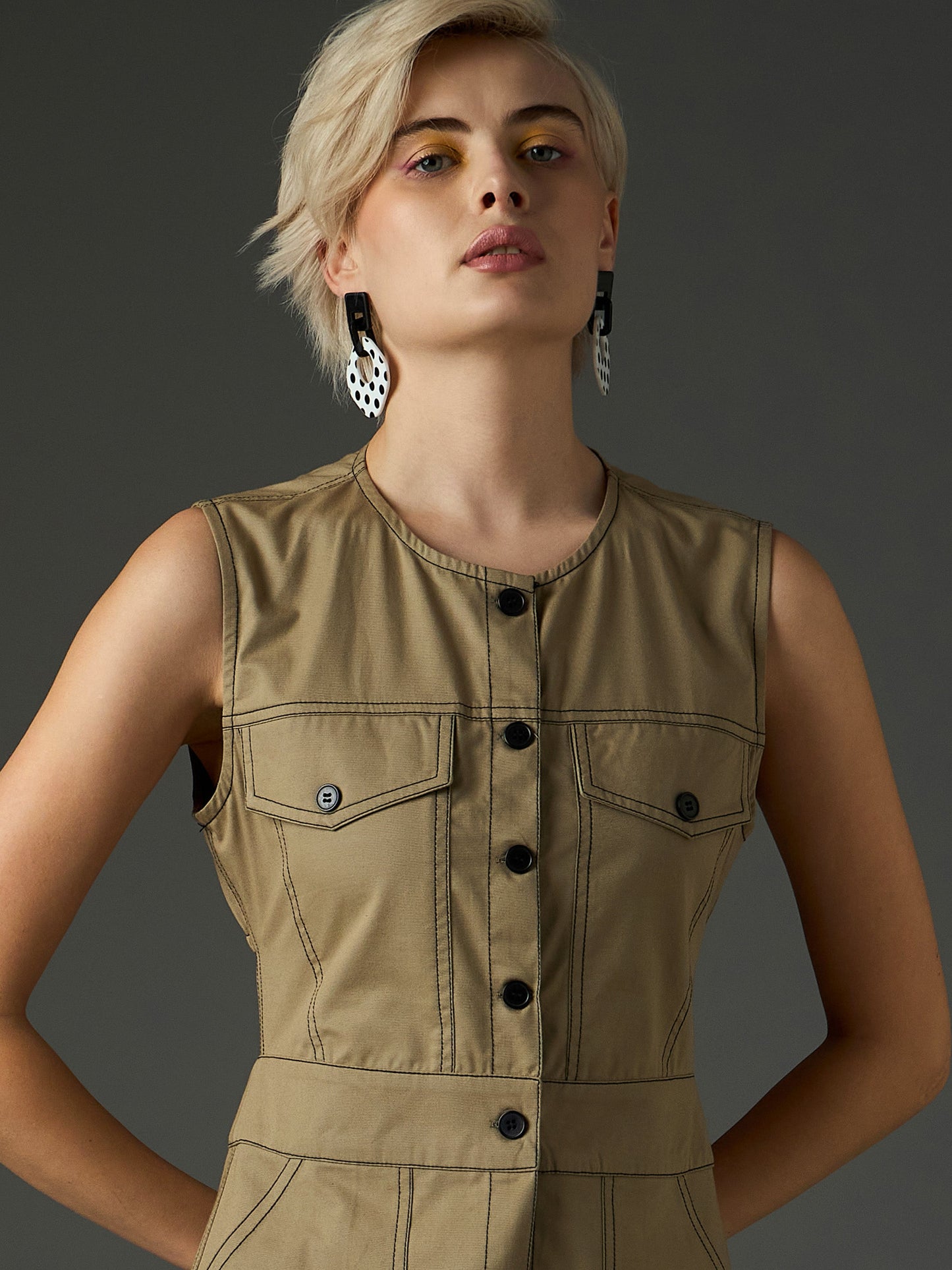 Women Pastel Olive Twill Waist Cut-Out Midi Dress