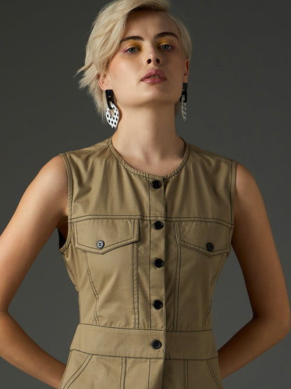 Women Pastel Olive Twill Waist Cut-Out Midi Dress