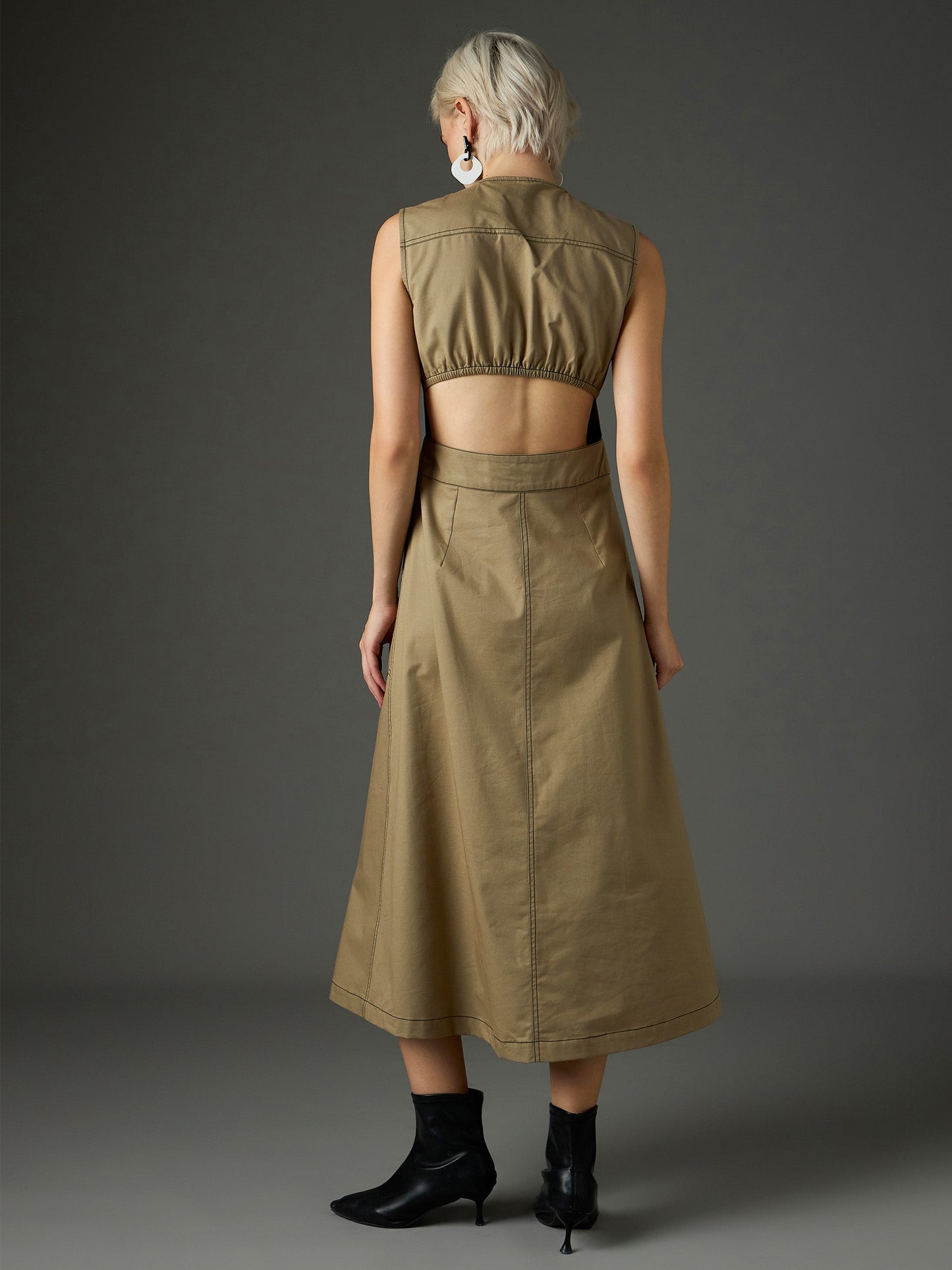 Women Pastel Olive Twill Waist Cut-Out Midi Dress