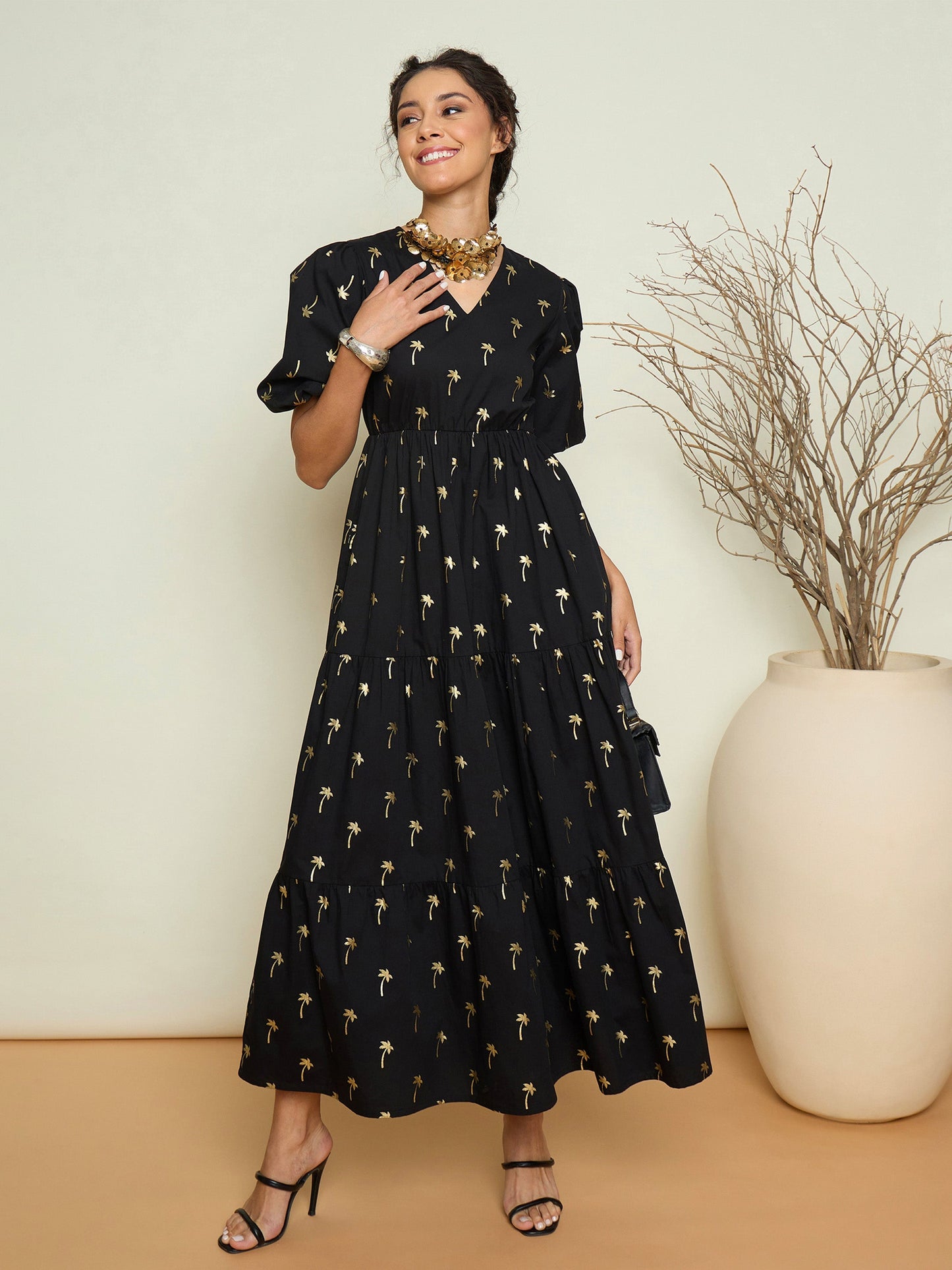Women Black Foil Print Puff Sleeves Tiered Maxi Dress