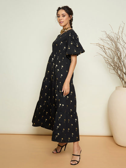 Women Black Foil Print Puff Sleeves Tiered Maxi Dress
