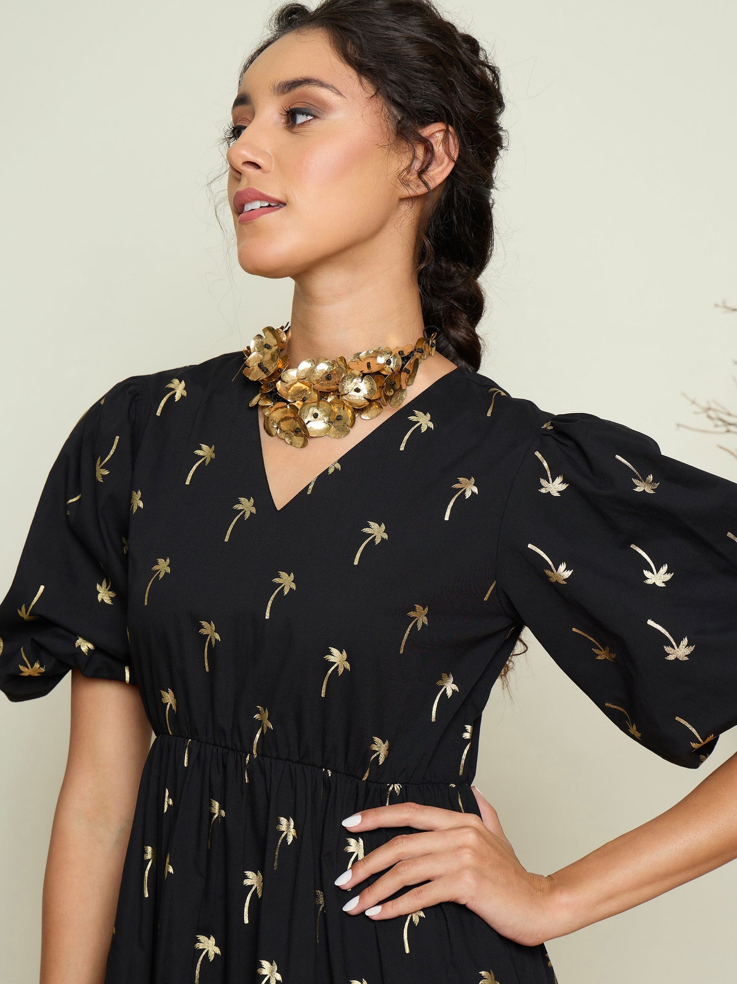 Women Black Foil Print Puff Sleeves Tiered Maxi Dress