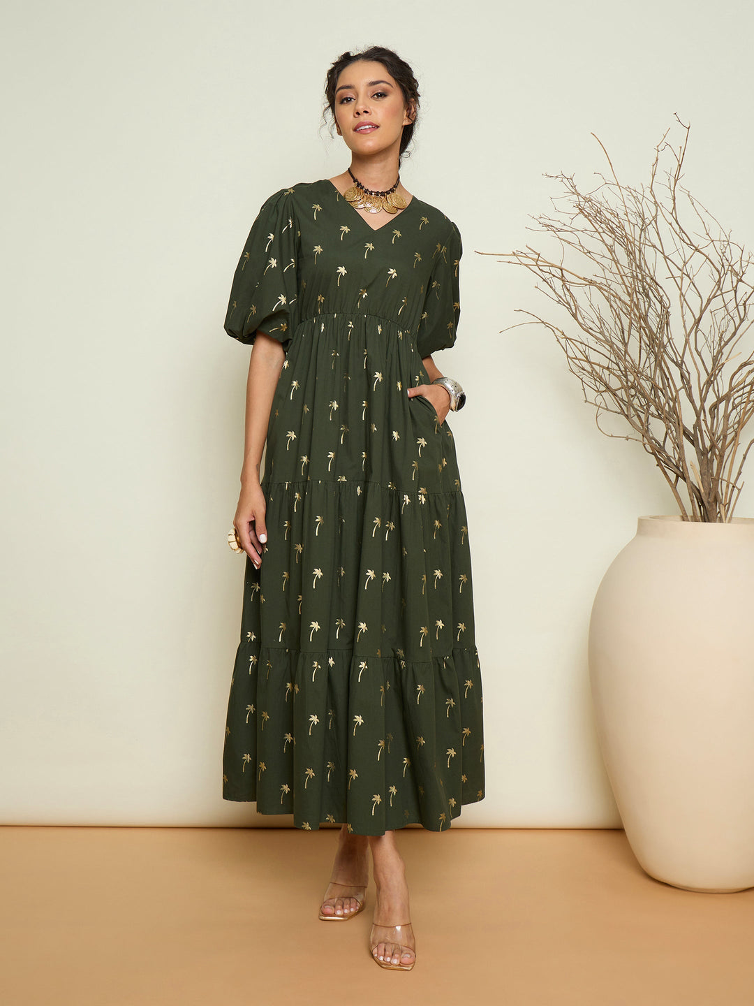 Women Olive Foil Print Puff Sleeves Tiered Maxi Dress