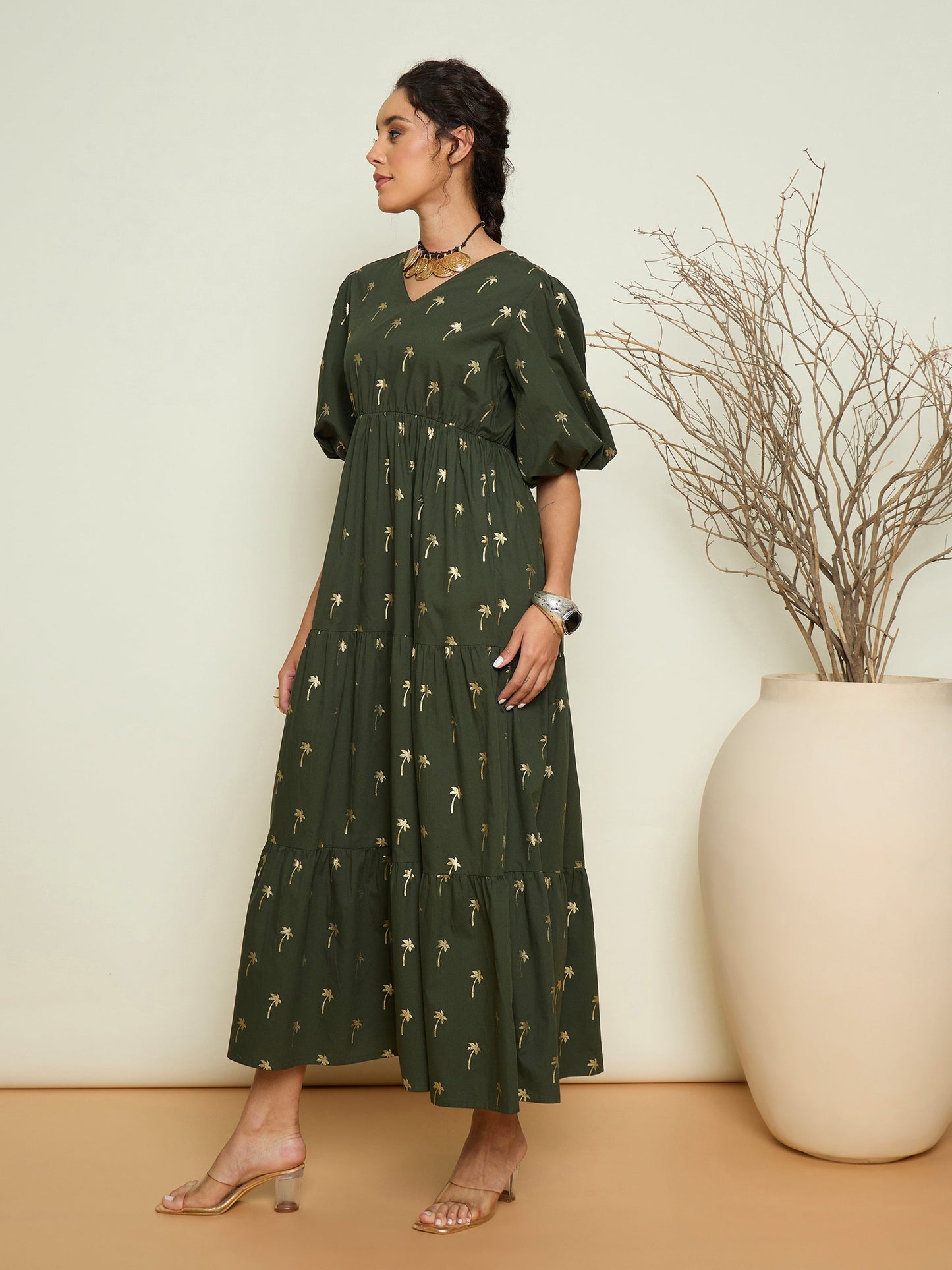 Women Olive Foil Print Puff Sleeves Tiered Maxi Dress
