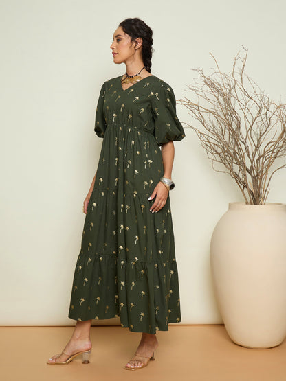 Women Olive Foil Print Puff Sleeves Tiered Maxi Dress