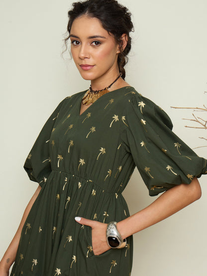 Women Olive Foil Print Puff Sleeves Tiered Maxi Dress