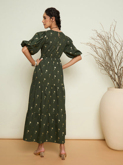 Women Olive Foil Print Puff Sleeves Tiered Maxi Dress