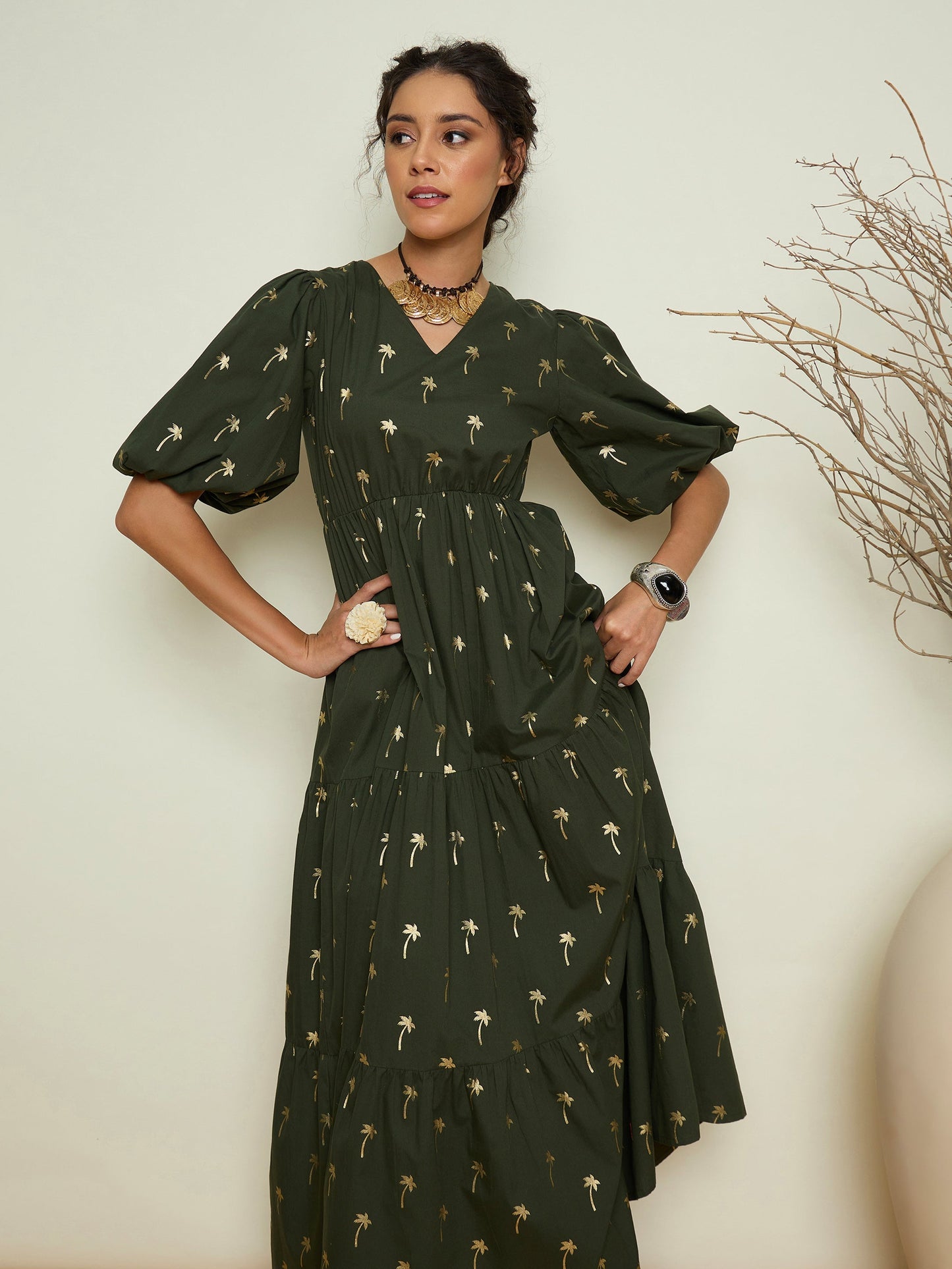 Women Olive Foil Print Puff Sleeves Tiered Maxi Dress